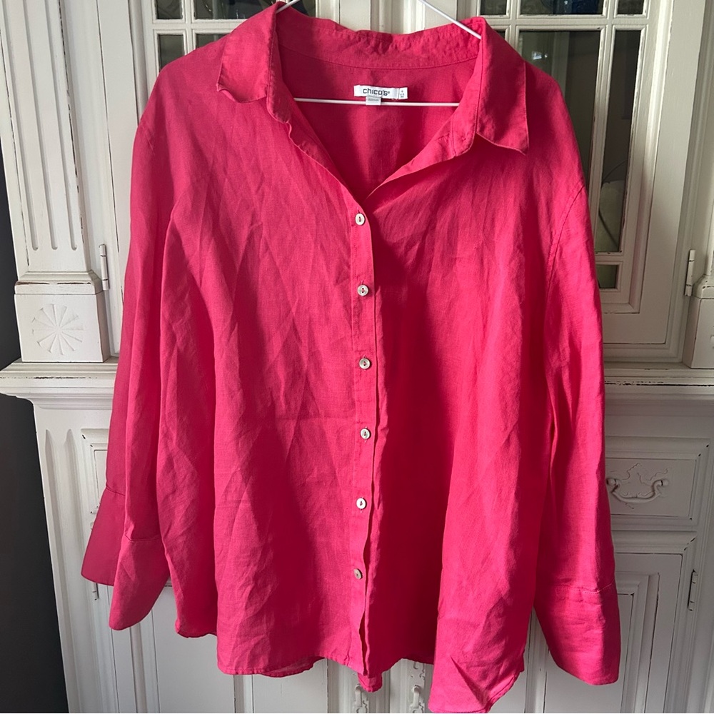 Chicos 100% Linen Button Down Pink Shirt Size 20